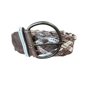 Boho Braided Woven Brass Buckle Brown Crochet Rose 1.5” Wide X 43”